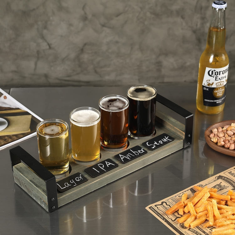 Brown Wood and Black Metal Handles Beer Flight Tasting Tray Set with 4 Sample Glasses and Chalkboard Labels-MyGift