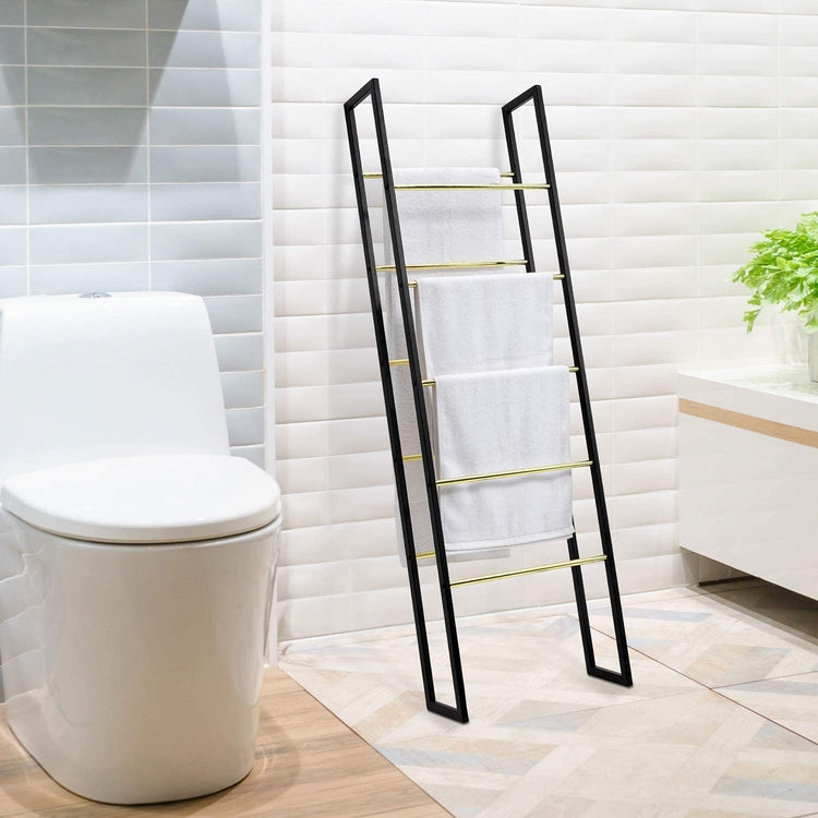 Black and Gold Tone Metal Towel Ladder Rack, Wall Leaning Blanket Holder-MyGift