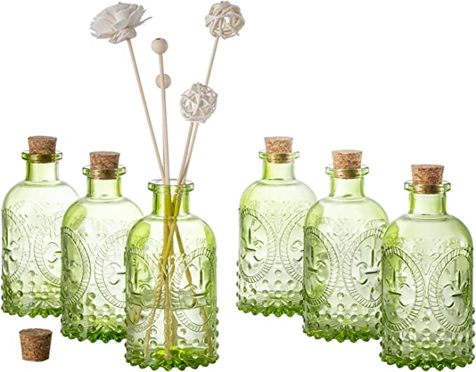 Apothecary Flower Bud Vases, Vintage Design Embossed Green Glass Reed Diffuser Bottle with Cork Lid-MyGift