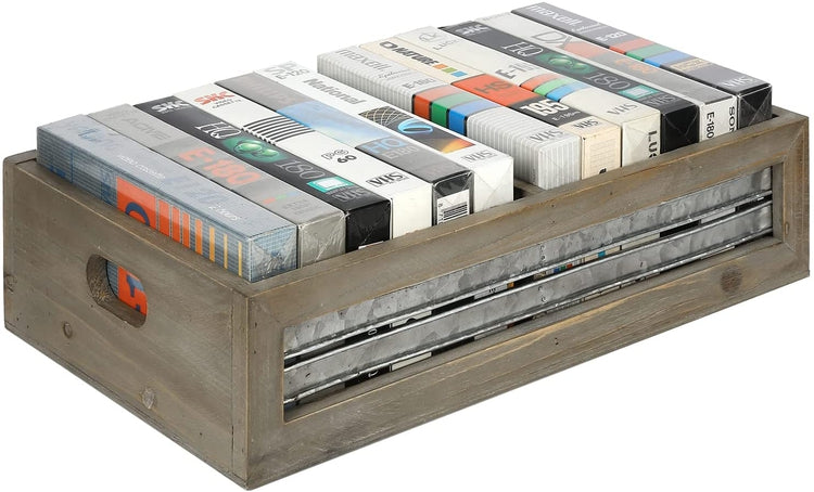 Brown Wood and Galvanized Metal Retro VHS Holder Video Tape Storage Organizer Decorative Crate-MyGift