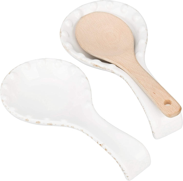 Set of 2, Stove Top White Ceramic Spoon Rest with Beaded Design-MyGift