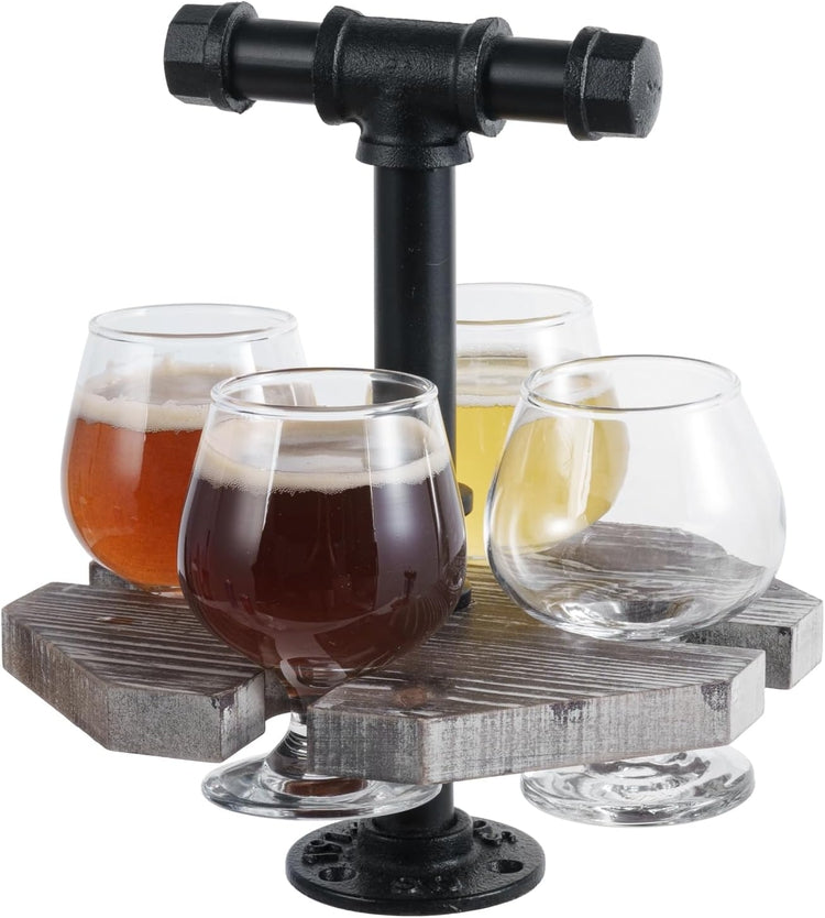 Torched Wood Beer Flight Set, Whiskey Serving Tray with Black Metal Pipe Handle and 4 Small Snifter Tasting Glasses-MyGift