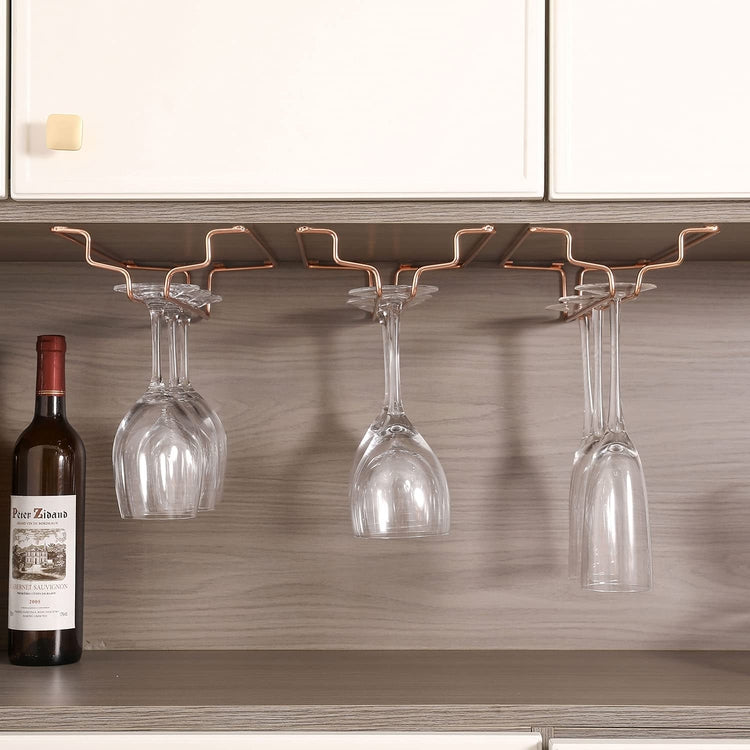 Set of 3, Under Cabinet Mounted Copper Tone Metal Wire Frame Stemware Wine Glass Storage Racks-MyGift