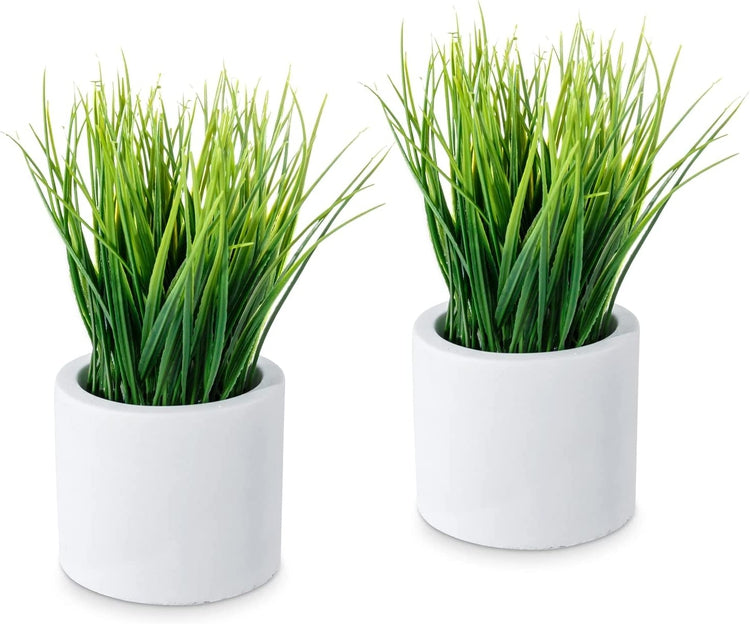 Set of 2, Tabletop Artificial Grass Plants Faux Greenery Plant Potted in Cylindrical White Cement Pots-MyGift