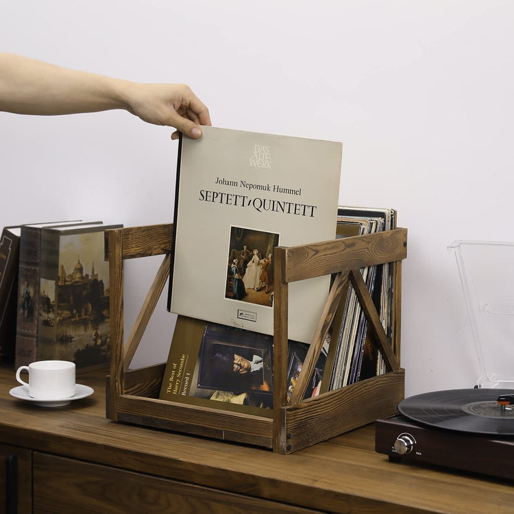 Rustic Dark Brown Wood Vinyl LP Record Storage Crate, Album Holder Organizer Container-MyGift