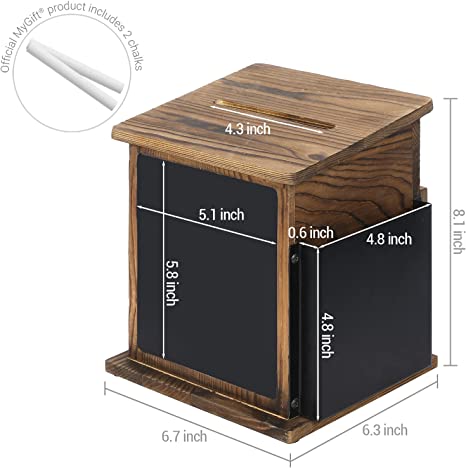 Wall Mounted Burnt Solid Wood Collection Box/Suggestion Box with Black Metal Card Holder, Chalkboard Label and Lock-MyGift