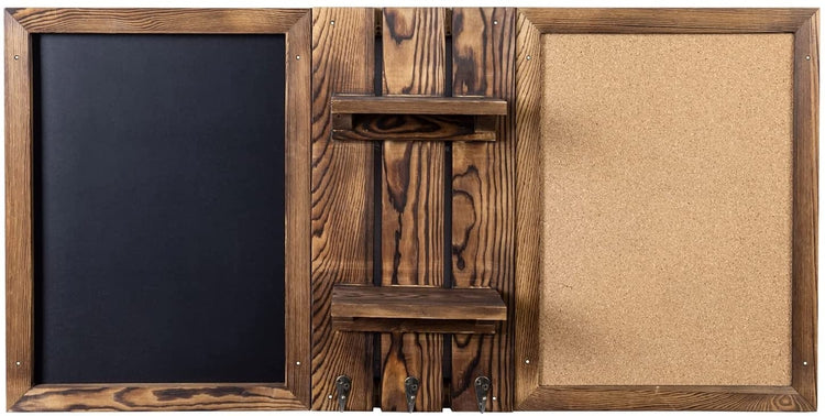 Wall Mounted Entryway Bulletin Board Combo Set with Burnt Wood Frame, Chalkboard, Cork Board, 2 Storage Shelves-MyGift