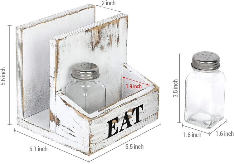2 Compartment Whitewashed Wood Napkin Holder Rack with Spice Shakers, Condiment Bin and Printed EAT Label-MyGift