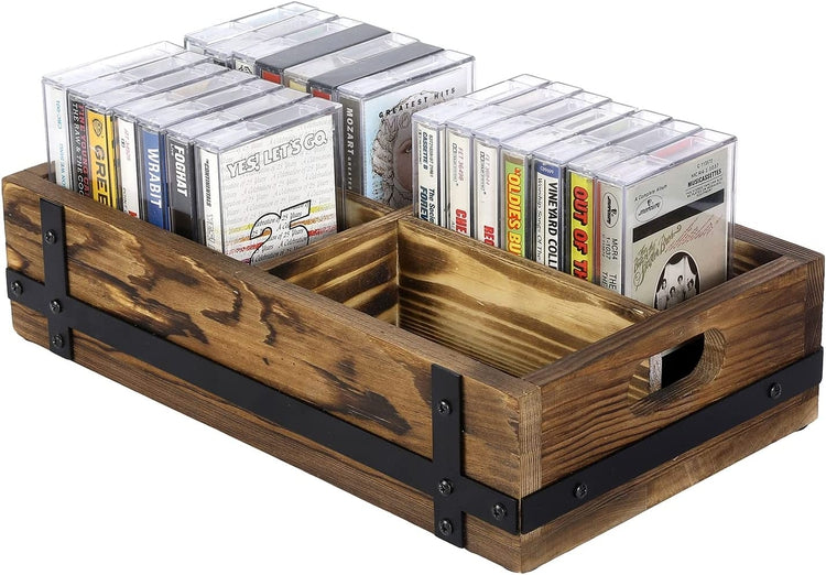 Burnt Wood Retro Audio Cassette Tape Storage Box with Matte Black Metal Bracket Accents-MyGift