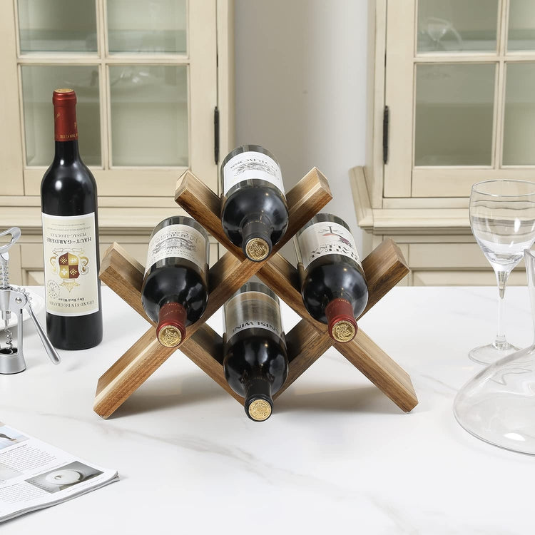 Acacia Wood 4-Bottle Countertop Wine Bottle Storage Rack with Modern X Design-MyGift