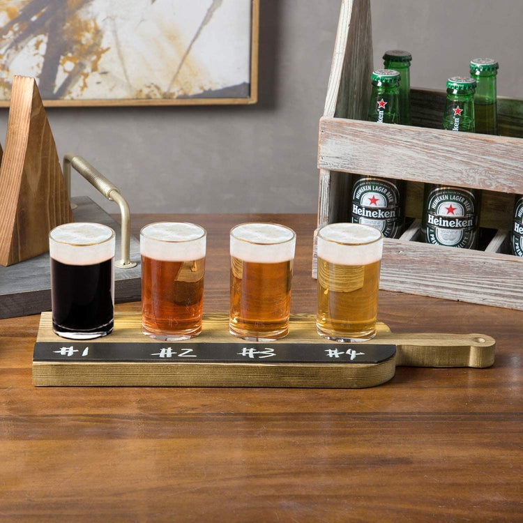 Burnt Wood Beer Flight Paddle Tray Sampler Server with 4 Glasses and Chalkboard Label-MyGift