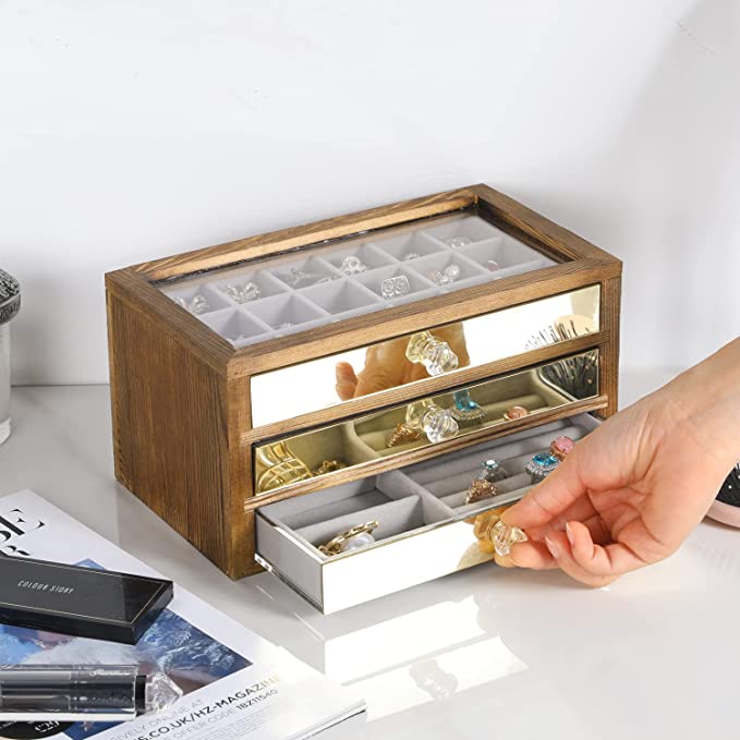 Jewelry Box with Brass Paneled Drawer, Wood Jewelry Storage Chest with 3 Velvet Lined Drawers-MyGift