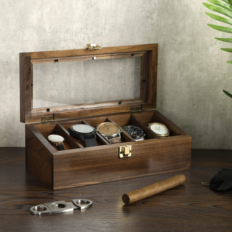 Walnut Wood Wristwatch Storage Box, Tabletop Watch Display Case with Clear Acrylic Lid and Removable Brown Velvet Pads-MyGift