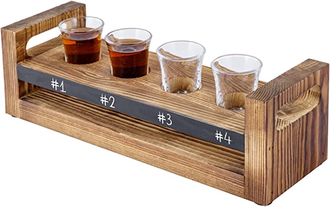 Flight Serving Caddy Set w/ Burnt Wood Tray, 4 Clear Shot Glasses and Chalkboard Label Panel-MyGift