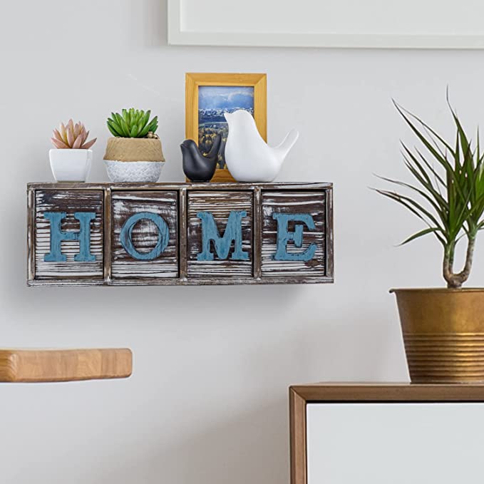 Rustic Wood Home Sign Display Shelf with Block Letter Drawers, Floating Shelf with Storage Drawers-MyGift