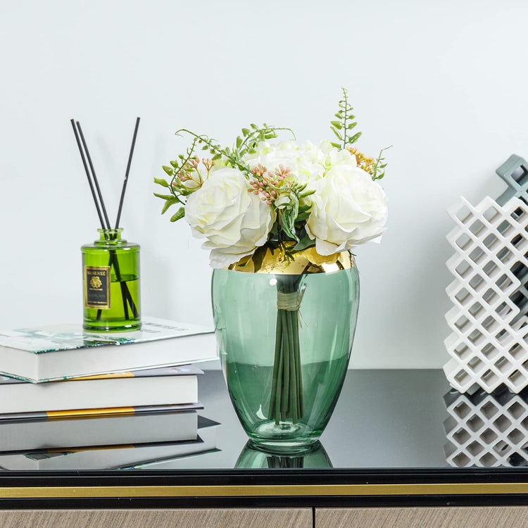 White Rose Artificial Flowers with Green Clear Glass Vase with Brass A