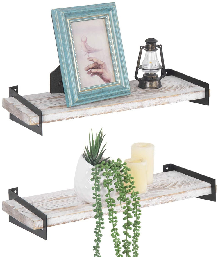 Set of 2, Whitewashed Wood 16-inch Wall Mounted Shelves with Black Metal Brackets-MyGift