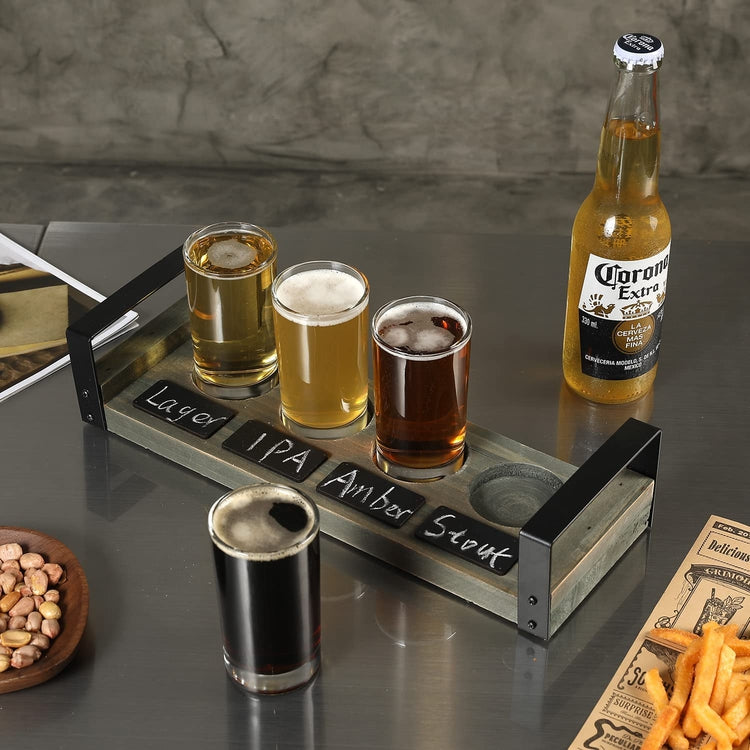 Brown Wood and Black Metal Handles Beer Flight Tasting Tray Set with 4 Sample Glasses and Chalkboard Labels-MyGift