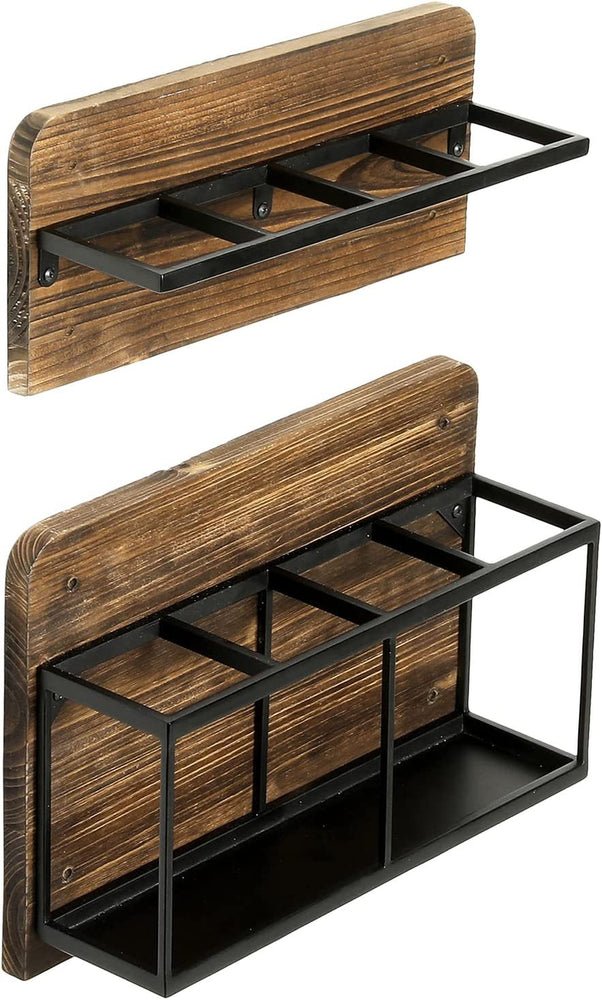 Burnt Wood and Black Metal Wall Mounted Umbrella Holder Storage Rack, 2 Piece Set-MyGift
