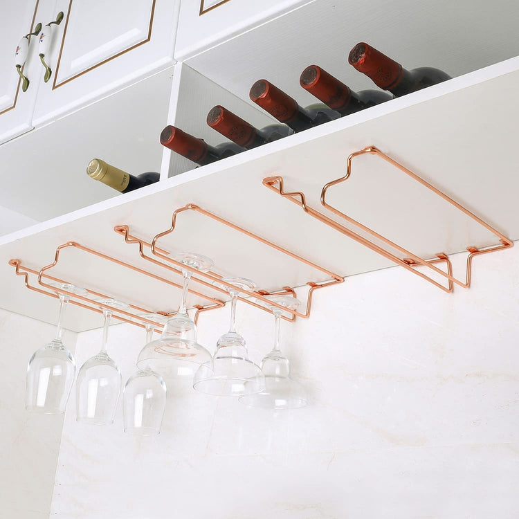Set of 3, Under Cabinet Mounted Copper Tone Metal Wire Frame Stemware Wine Glass Storage Racks-MyGift