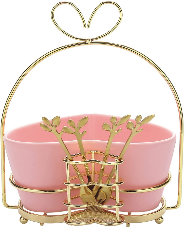 Pink Heart Ceramic Serving Dish, Appetizer Fruit Bowl with Gold Tone Metal Forks and Display Stand-MyGift