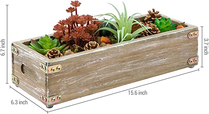 Artificial Succulent Plant in Whitewashed Wood Planter, Tabletop Window Box Planter with Vintage Brass Metal Corner Wraps and Handles-MyGift