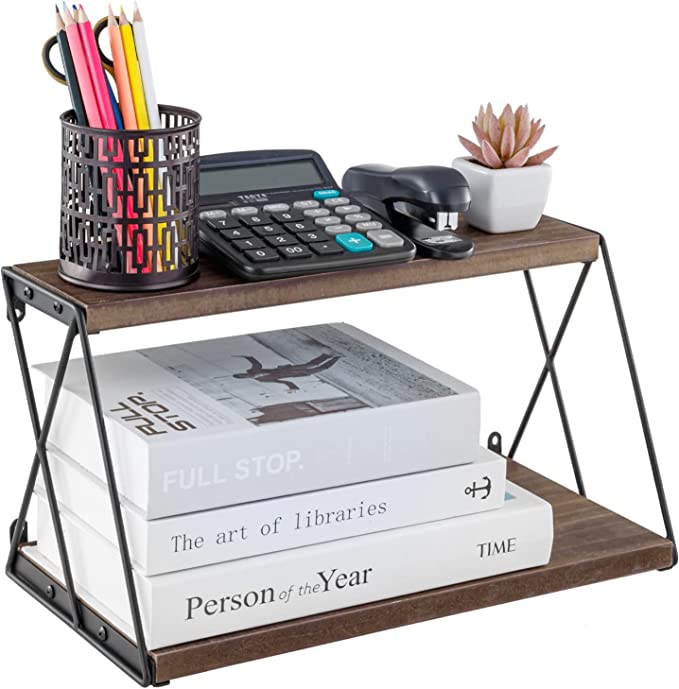 Wall Mounted 2 Tier Burnt Wood Floating Display Shelf with Matte Black Metal Wire Side Brackets-MyGift
