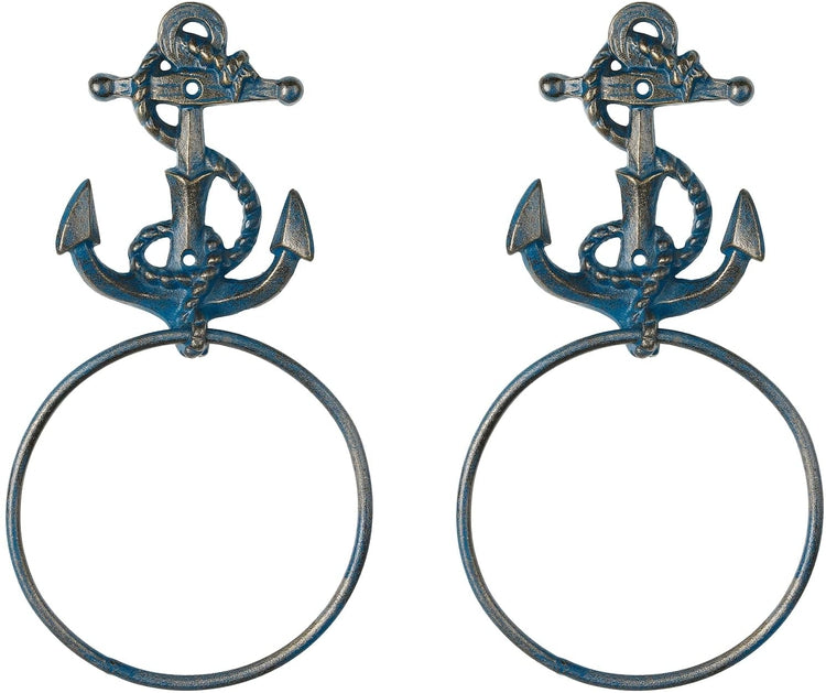 Cast Iron Nautical Anchor, Distressed Navy Blue Wall Mounted Bathroom Hand Towel Ring Holder-MyGift