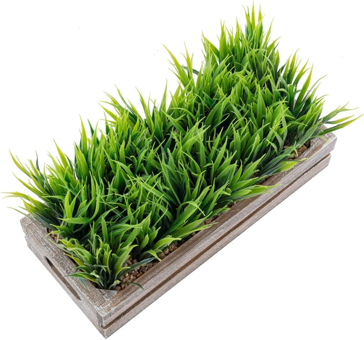 0.5 Inch Artificial Green Grass Plant in Brown Wood Planter Window Box, Tabletop Plant Container-MyGift