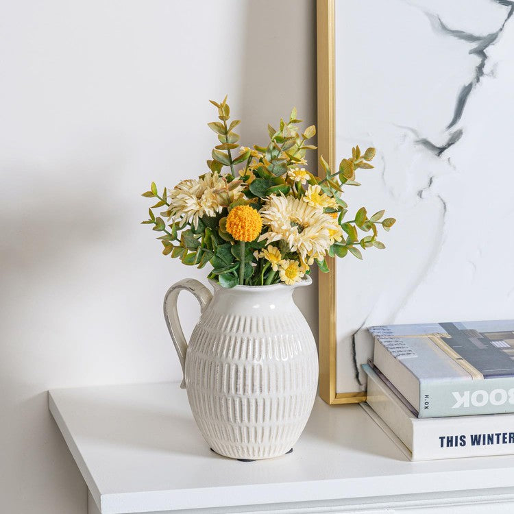Small Jug Flower Vase, Off-White Vertical Ribbed Ceramic Tabletop Decorative Pitcher, Floral Arrangement Planter Vase-MyGift