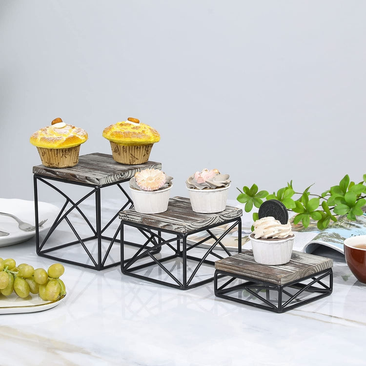 Set of 3, Square Torched Wood and Black Metal Wire Nesting Dessert Stands, Food Display Risers-MyGift