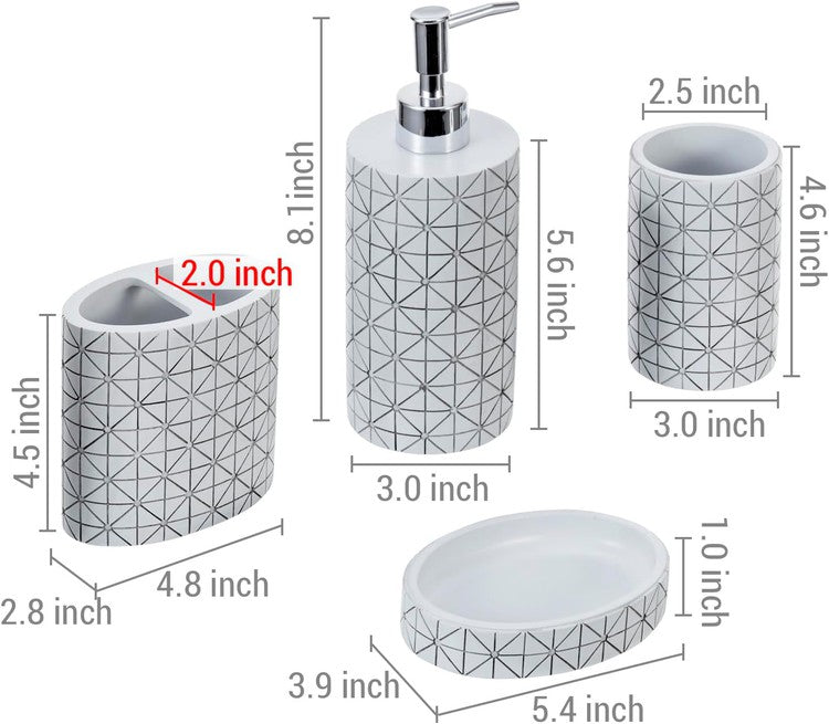 Gray Resin Vanity Set with Geometric Embossed Design, Liquid Soap Dispenser, Toothbrush Holder, Tumbler Cup, Soap Dish-MyGift