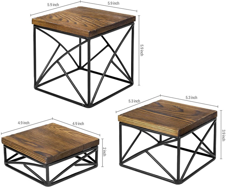 Set of 3, Square Dark Brown Wood and Black Metal Wire Nesting Dessert, Food Display Risers-MyGift