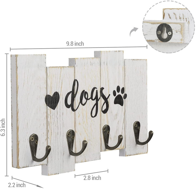 Wall Mounted Dog Leash Holder, Whitewashed Wood Hanging Key Hook Rack with Cursive DOGS Label, Heart and Paw Print Decal-MyGift