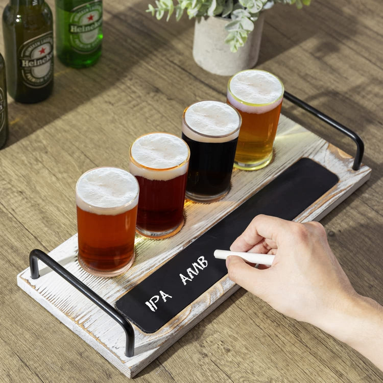 4 Glass Beer Flight Serving Tray with Whitewashed Wood Board and Black Metal Handles, Chalkboard Label, Sampling Glasses-MyGift