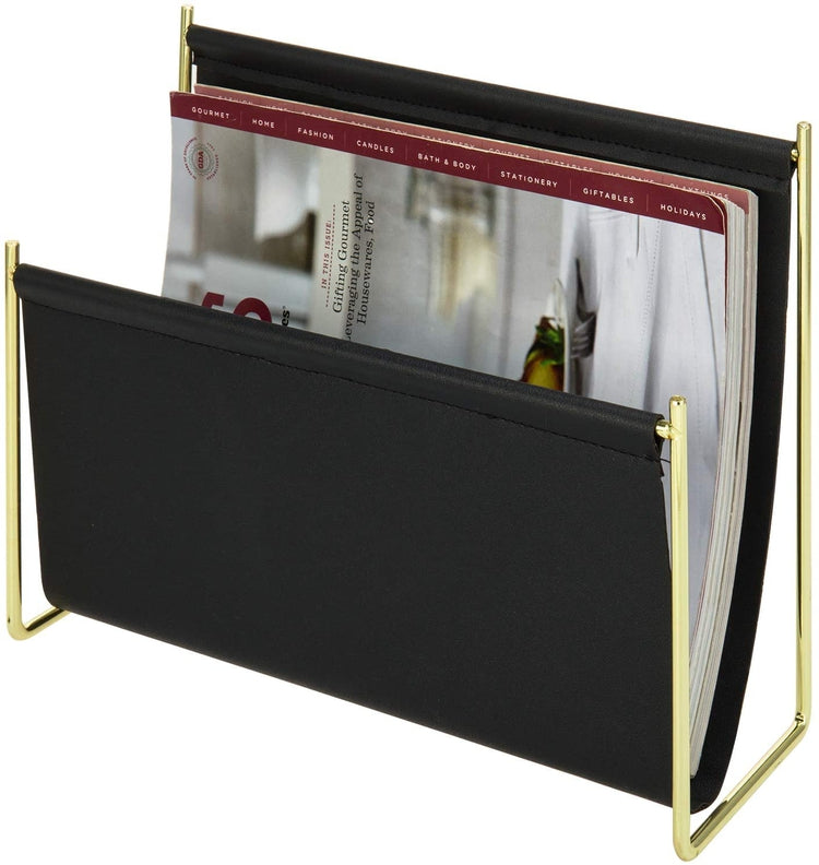 Modern Brass Plated and Black Leatherette Magazine Holder, Tabletop File Organizer Rack-MyGift