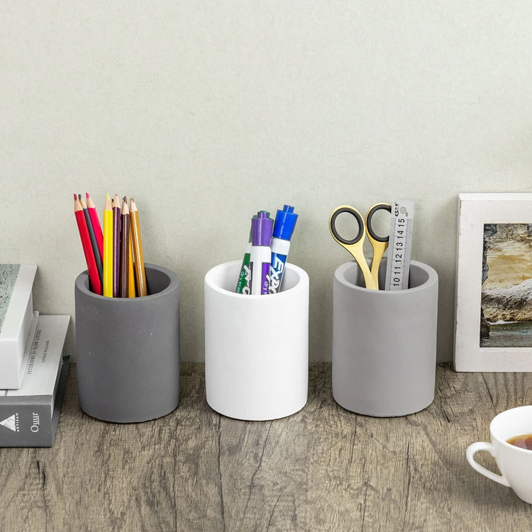 Set of 3, Gray Concrete Cylinders Desktop Pencil Cups, Office Stationery Storage Organizer Holders-MyGift