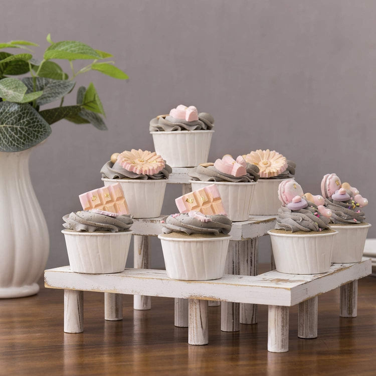 3-Tier Whitewashed Wood Chevron Arrows Corner Cupcake Display Stand, Dessert Riser Rack-MyGift