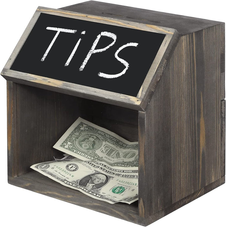 Rustic Gray Wood Donation Collector, Tip Box with Chalkboard, Lock and Key-MyGift