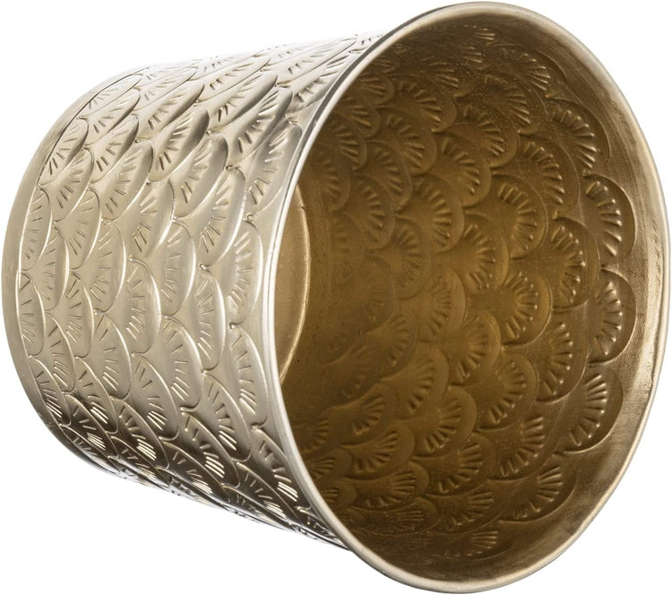 6.5 Inch Brass Tone Metal Tapered Plant Pot with Embossed Ginkgo Leaves Pattern, Planter with Art Deco Design-MyGift