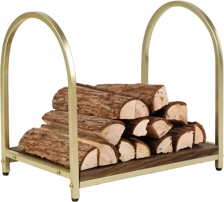Firewood Rack Fireplace Log Holder, Modern Brass Tone Metal and Burnt Solid Wood Freestanding Stacking Lumber Stand-MyGift