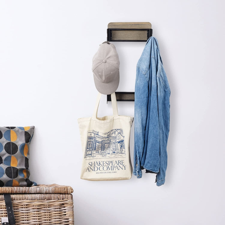 Weathered Gray Wood and Matte Black Metal Wall Mounted Hat, Garment Storage Hanger Rack-MyGift