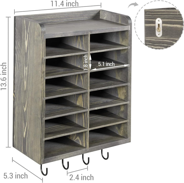 Weathered Gray Wood Wall Mounted Martial Arts Belt Holder with Trophy Display Shelf Metal Hanging Hooks for Medals-MyGift