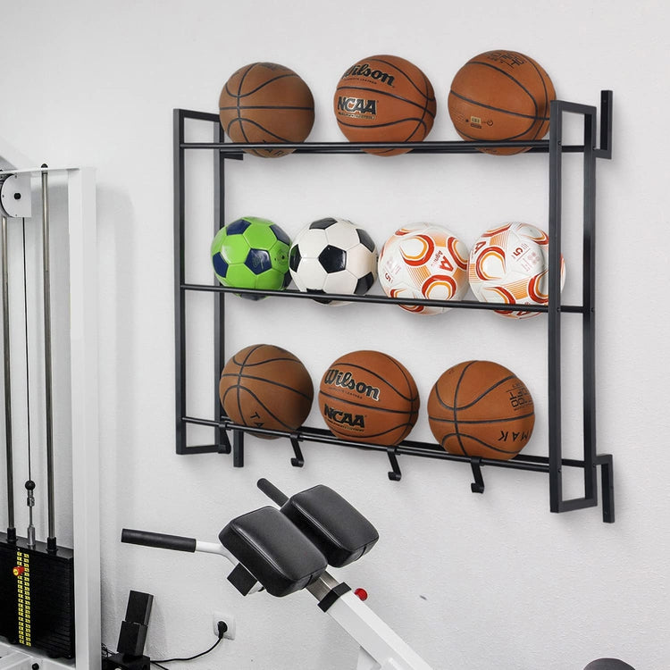 Matte Black Metal Wall Mounted Sports Ball Rack, Gym Exercise Equipment Storage Organizer Shelf Display with S-Hooks-MyGift