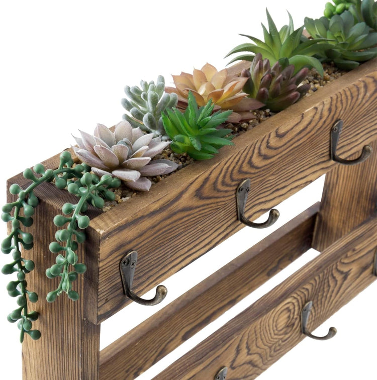 Wall Mounted 8-Hook Brown Wood Coffee Mug and Tea Cup Rack, Mug Hooks with Artificial Assorted Succulent Plants-MyGift