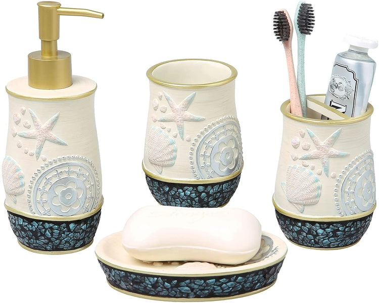 Coastal Style 4 Piece Bathroom Accessories Set with Embossed Seashell Starfish Design-MyGift