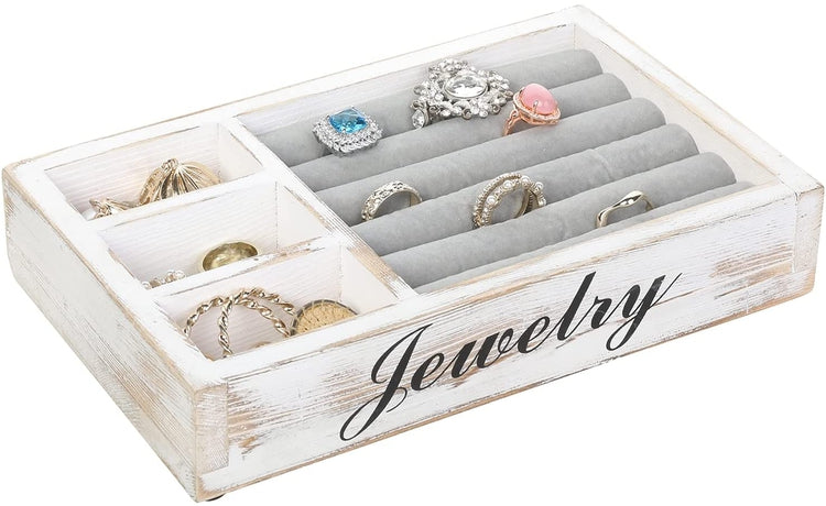 Whitewashed Wood Jewelry Organizer Box, Storage Tray with Decorative Cursive JEWELRY Label Design-MyGift