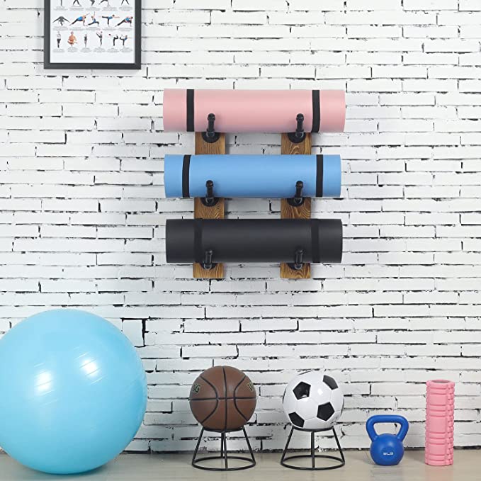 Industrial Black Metal Pipe Yoga Mat and Foam Roller Holder with Rustic Burnt Wood Wall Mount Backing-MyGift