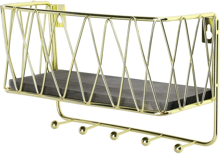 Wall Mounted Gray Wood Shelf with Brass Tone Metal Wire Framed Mail Sorter Basket and 5 Key Holder Hooks Storage Rack-MyGift