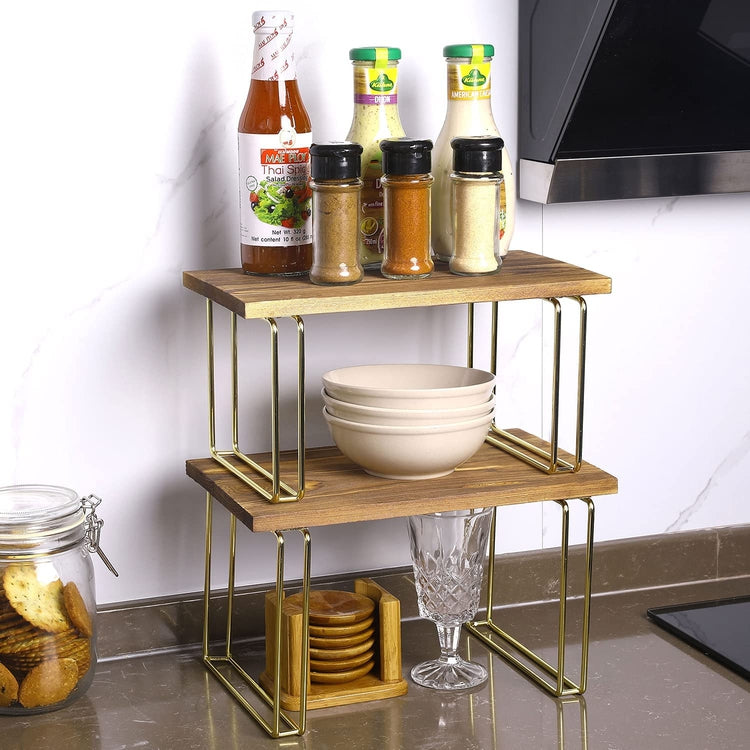 Set of 2, Burnt Wood Cabinet Shelf Risers with Brass Tone Metal Stands-MyGift